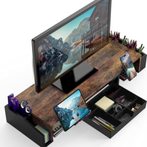 Focusora Gear™ DuoLift – Doppel-Monitorständer mit Schublade (Rustic Brown)